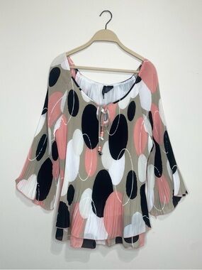 Vtg. ND Women's Pebble Print Tie-Neck Crinkle Blouse - Pink/Black/White size 2X